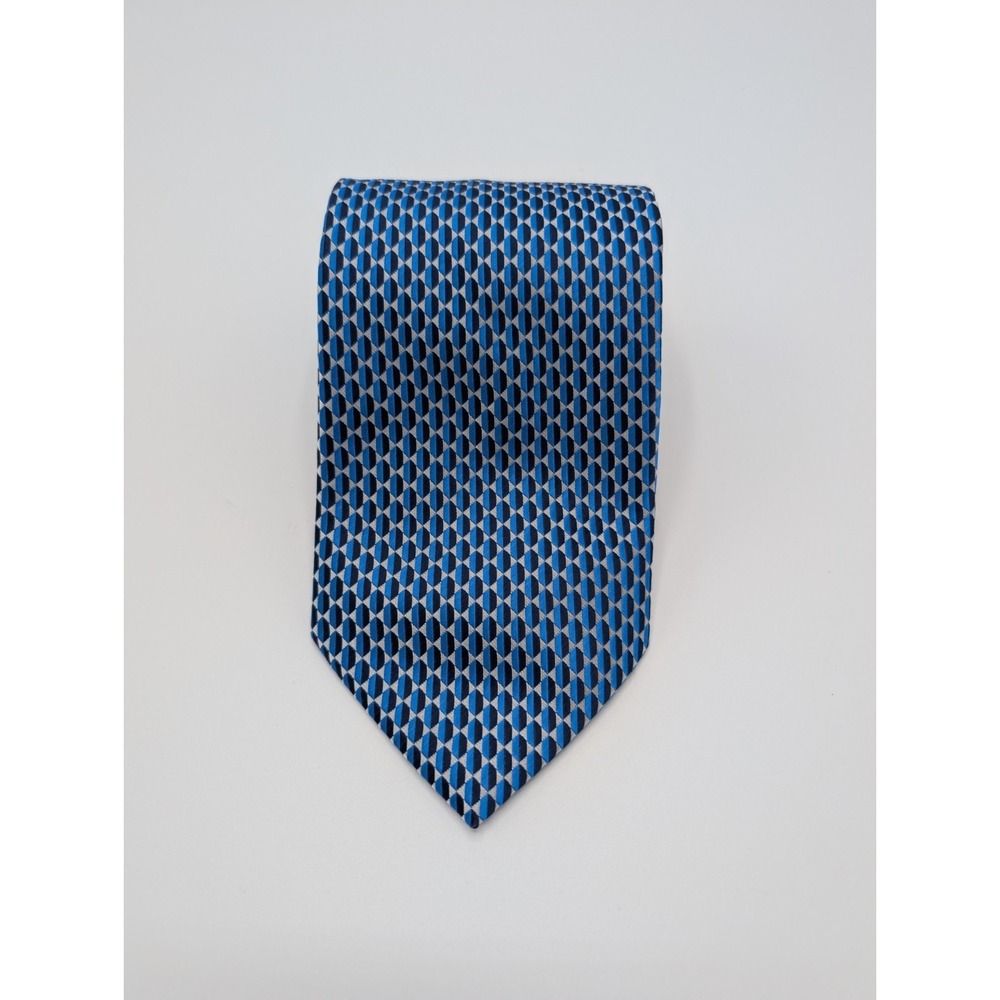 Bergamo New York Men's Necktie Blue Silver Geometric Jacquard Polyester Handmade